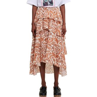 Maje Justy Paisley Tiered Ruffle Cotton Skirt in Orange at Nordstrom Rack, Size 10 Us / 42 Fr