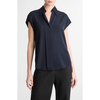 Vince Cap Sleeve Stretch Silk Button-Up Shirt in Coastal at Nordstrom, Size Xx-Small