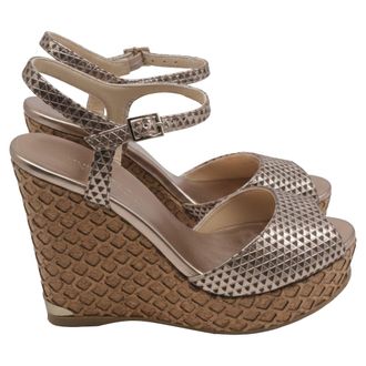Jimmy Choo London Patterned Peep-Toe Wedge Sandals in Metallic Gold Leather