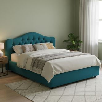 Dmora Cama Matrimonial Allik, Colch&oacute;n Incluido, Desenfundable Made In Italy, Con Almacenaje, Azul