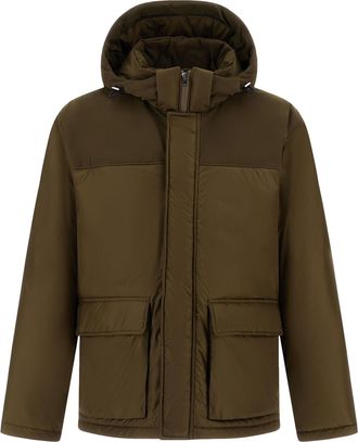 Herno Padded Green High Collar Coat with Hood and Boxy Silhouette