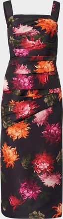Carolina Herrera Gathered Floral Square-Neck Midi Dress