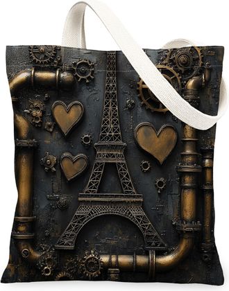 Generic Paris Tower Canvas Tote Bags, Steampunk Gear Heart Pattern Reusable Grocery Bags, Stylish Washable Shoulder Strap Canvas for Travel Outdoor 13x15 Inch