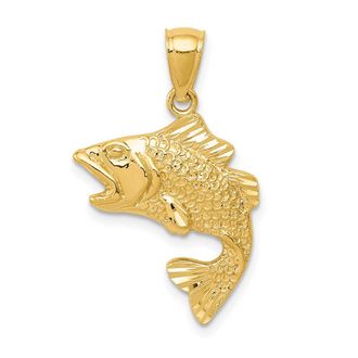 Diamond2Deal 14k Yellow Gold Polished Textured Bass Fish Pendant
