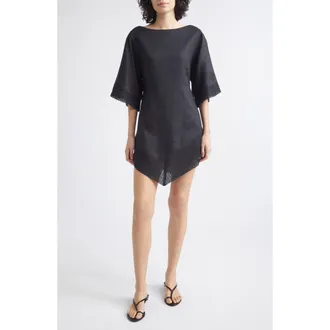 Poss&eacute; Alfie Linen Caftan Minidress in Black at Nordstrom, Size Xx-Large