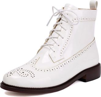 Generic Womens Flat Heel Brogue Ankle Boots Lace Up Short Boots Round Toe Patent Leather Vintage Dress Shoes,White,6.5 UK