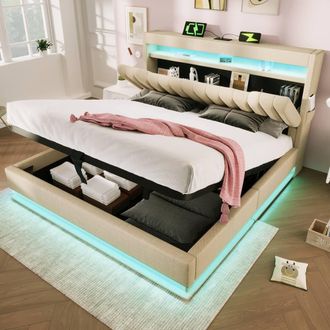 Merax 5ft King Storage Upholstered Bed With LED, Charging, Metal Frame in Beige