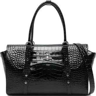 Vivienne Westwood Crocodile-Embossed Black Shoulder Bag With Metallic Emblem