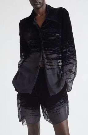 GRACE LING Glitch Devor&eacute; Velvet & Sheer Chiffon Button-Up Shirt in Black at Nordstrom, Size 6 Us