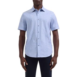 Bugatchi Miles OoohCotton Leaf Print Short Sleeve Button-Up Shirt in Air Blue at Nordstrom, Size Xxx-Large