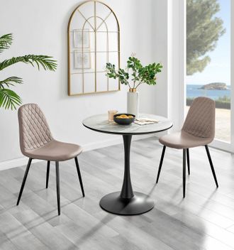 Furniturebox Elina White Marble Effect Scratch Resistant Dining Table & 2 Corona Black Leg Chairs in Beige