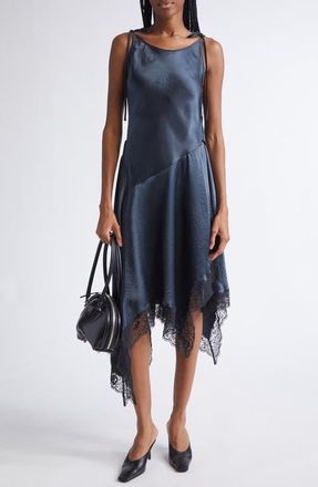 Acne Studios Doyla Lace Trim Crinkled Satin Asymmetric Dress in Petrol Blue at Nordstrom, Size 10 Us