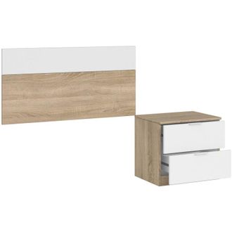 Dmora Testiera letto Aleangy, Comodino a due cassetti con testiera per letto singolo da 90 cm, 100h50 cm, Rovere e Bianco