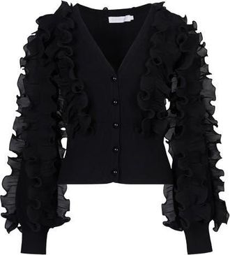 Anne Fontaine Womens Ciline Black Long Sleeve Ruffle Cardigan at Nordstrom, Size 38