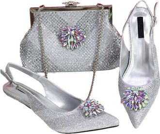 Generic Womens Luxury Rhinestone Flowers Pointed Toe Stiletto High Heel Shoes and Gold Long Chain Shoulder Strap Bags