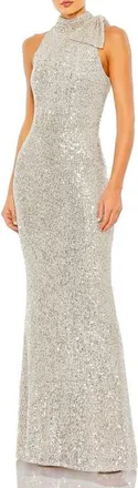 Mac Duggal Womens Sequined Soft Tie Halter Neck Column Gown in Nude Silver at Nordstrom, Size 16