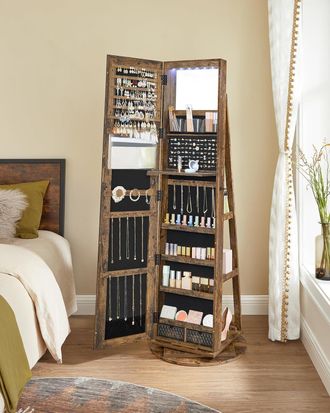 Songmics LED Swivel Mirror Jewellery Cabinet with Lockable Storage in Brown