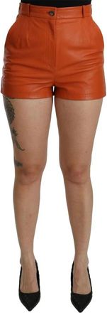 Dolce & Gabbana Oranje Leren High Waist Mini Shorts - Dames - Bermuda - Oranje - S - Leer - Korte Broeken