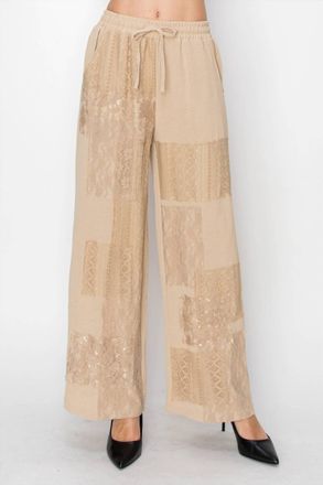 Origami Jewellery Relaxed Lace Patchwork Pants With Elastic Drawstring In Taupe