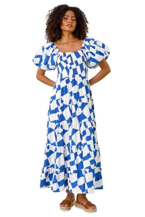 DUSK Womens Geo Print Tiered Dress - Blue - Size 12 UK