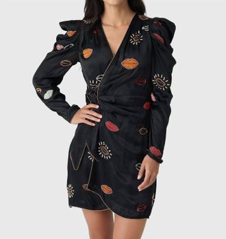 Farm Rio Beaded Kisses Wrap Mini Dress In Black