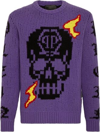Philipp Plein Pullover Ronde Hals - Heren - Ronde hals truien - Paars - L - Wol - Truien & Vesten