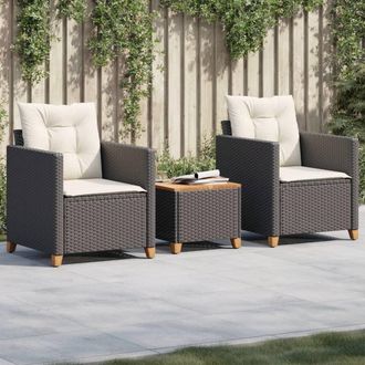 vidaXL Mesita Y Sillas Con Cojines 3 Pzas Rat&aacute;n Pe Madera Acacia Negro Vidaxl