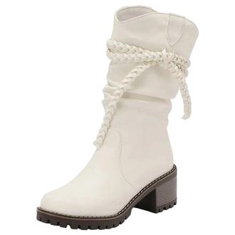 Generic Womens Pull On Mid Calf Boots Round Toe High Chunky Heel Slip On Design With A Decorative Butterfly-Knot