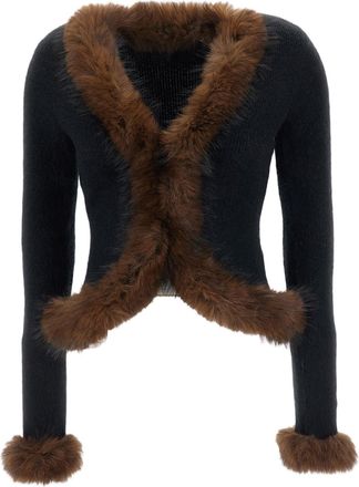 Self Portrait Curved Hem Cardigan with Faux Fur Trim