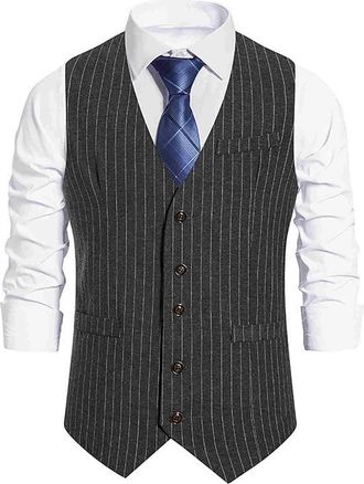 Generic Men Business Suit Vest, Formal Dress Tuxedo Waistcoat, Sleeveless Pinstripe Single Breasted Button V Collar Viking Vests Tops, Lightweight Solid Color