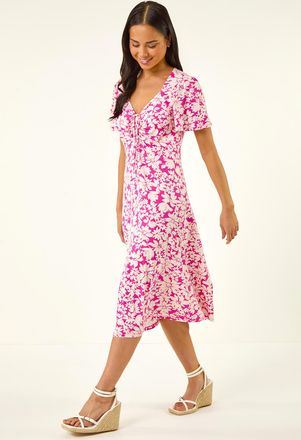 Roman Floral Print Ruched Midi Dress