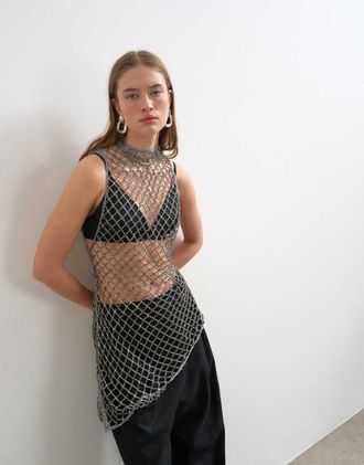 Topshop Top tunica premium color argento metallo con decorazioni a mano