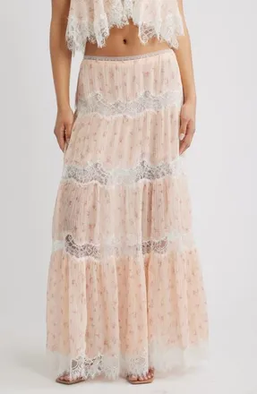 LoveShackFancy Everhart Floral Lace Detail Silk Chiffon Maxi Skirt in Sweet Nectar at Nordstrom, Size 12