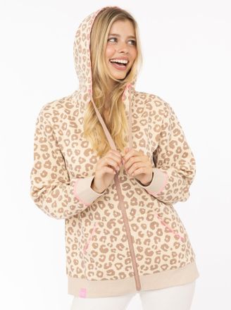 Zwillingsherz Kapuzensweatjacke ZWILLINGSHERZ Soft Leo, Damen, Gr. L/XL, beige, Sweatware, Obermaterial: 80% Polyester, 20% Baumwolle, Sweatjacken Kapuzensweatjacke