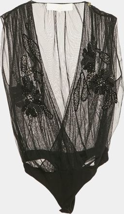 Elisabetta Franchi Gold Black Embellished Tulle Sleeveless Bodysuit