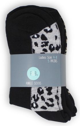 Generic Finch & Belle Ladies Animal Print Ankle Socks, 5 Pairs, Size 4-8, Black with Leopard Design