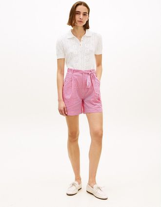 Tommy Hilfiger Womens Belted Gingham Seersucker Short - Pink - XL
