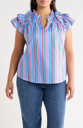 Sugarlips Jaimie Stripes Ruffle Top in Pink-Blue-Green at Nordstrom, Size 2 X