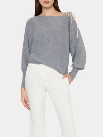 Milly Ida Crystal Bow Cold Shoulder Sweater In Grey
