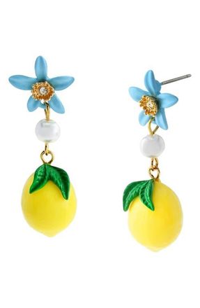 Betsey Johnson Flower & Lemon Imitation Pearl Drop Earrings in Yellow at Nordstrom