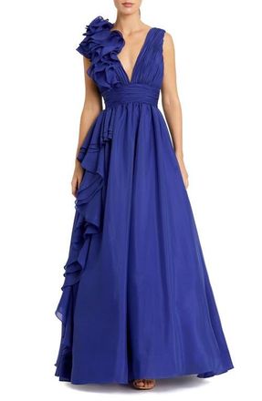 Mac Duggal Ruffle Shoulder V-Neck Chiffon Gown in Cobalt at Nordstrom, Size 10