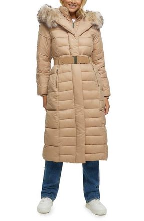 River Island Belted Longline Hooded Puffer Jacket with Removable Faux Fur Trim in Brown at Nordstrom, Size 4