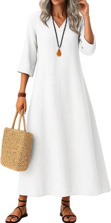 Generic 3/4 Sleeve Linen Dress for Women Casual Summer Cotton Solid Color V Neck Flowy Dress Loose Fit Boho Maxi Dresses White