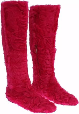 Dolce & Gabbana Womens Pink Lamb Fur Leather Flat Boots Shoes Lambskin