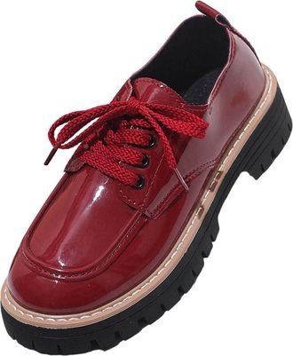 Generic Red Ladies Fashionable Round Toe Shoes with Shiny Finish and Lace Up Closure for Comfortable Use in Summer and Fall
