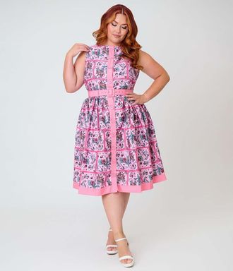 Unique Vintage Pluse Size Sleeveless Button Swing Dress in Pink Floral Print at Nordstrom, Size 4X