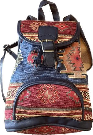 Generic TranquilSun Handmade Genuine Leather Trim Hand-woven Turkish Kilim Carpet Style Back Pack with Magnetic closure and Zip pocket