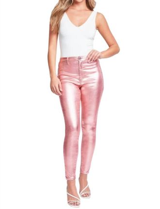 YMI Womens Lina High-Rise Metallic Skinny Jean In Rose Gold