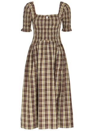 Damson Madder Emmy Checked Shirred Cotton Midi Dress - Dark Brown - 16 (UK16 / XL)