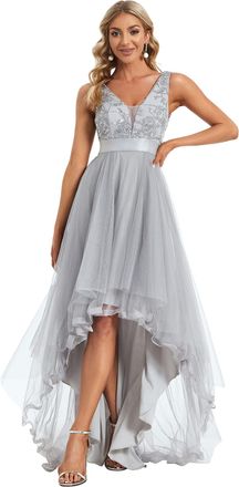 Ever-pretty Womens High Low Sequin Deep V Neck Sleeveless Evening Prom Dresses Grey 22